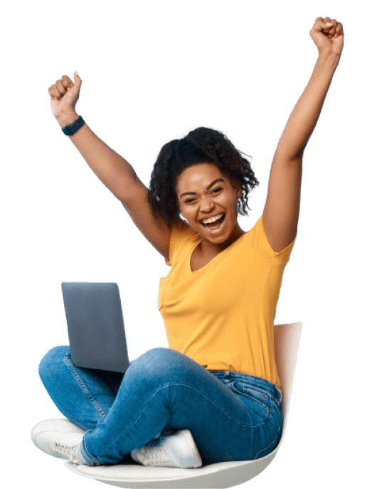 US Domain Registration 5 A woman with her arms up and a laptop celebrating kickhost